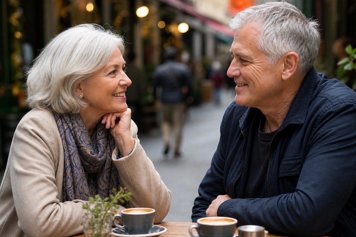 Mature couple talking over coffee