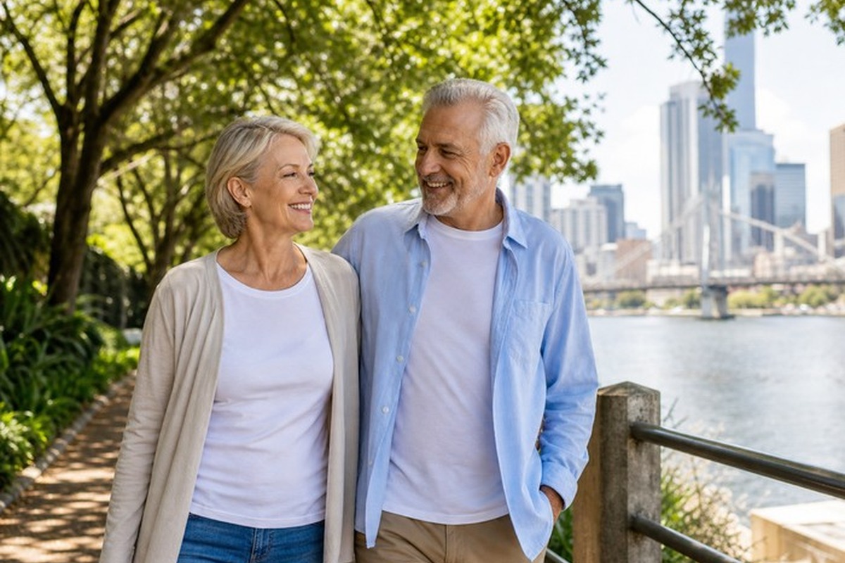 Older couple walking together by a river