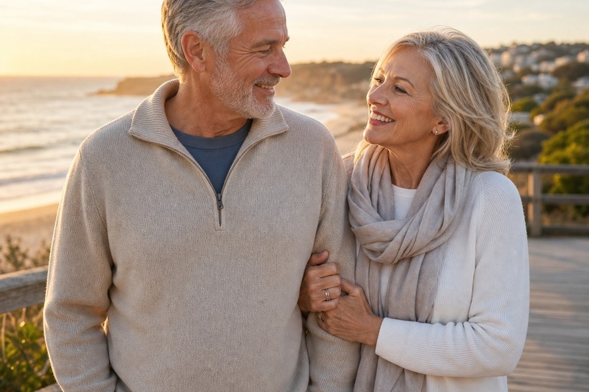 Mature couple enjoying a relaxed walk beside the sea