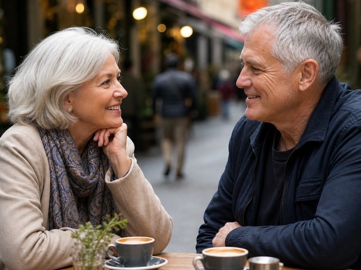 Mature pair enjoying an easy first date at a cafe