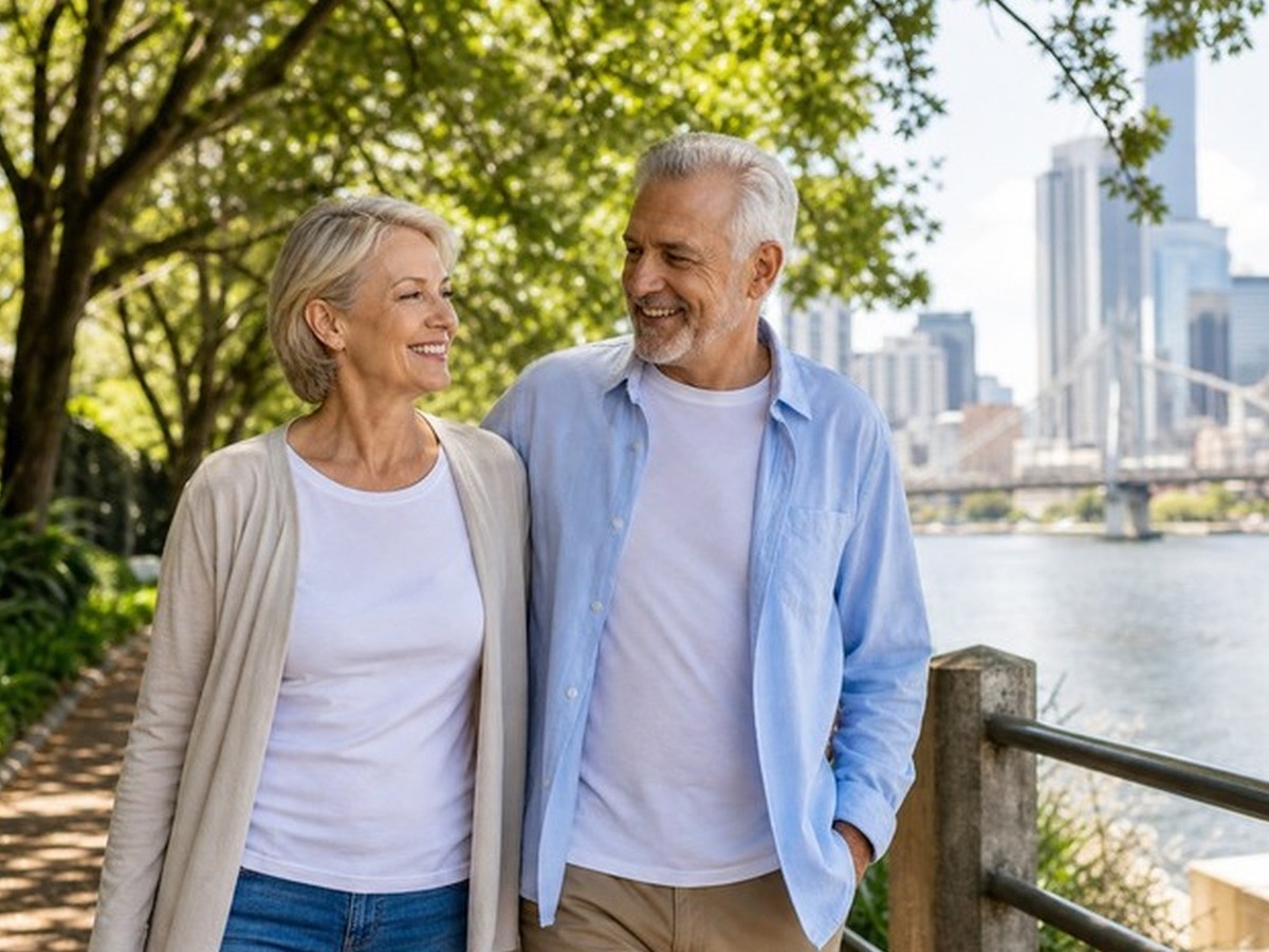 Happy mature couple walking through a leafy park